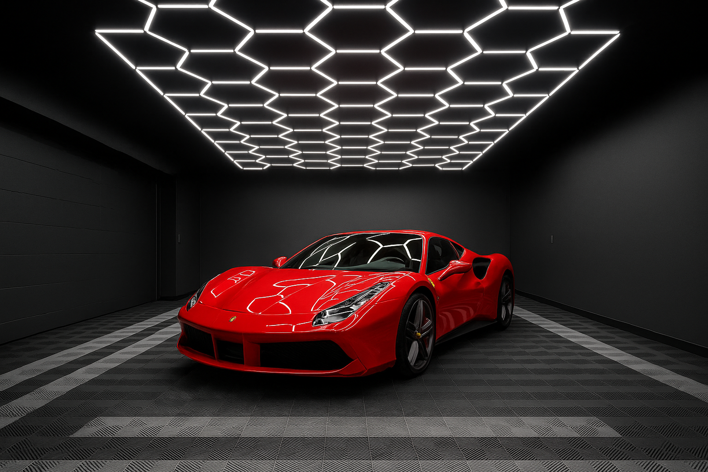 hexagonal leds 16 x 8 feet with 15 bright LED in a garage of modulux flooring with a ferrari