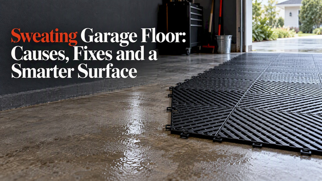 Moist garage concrete beside modular flooring