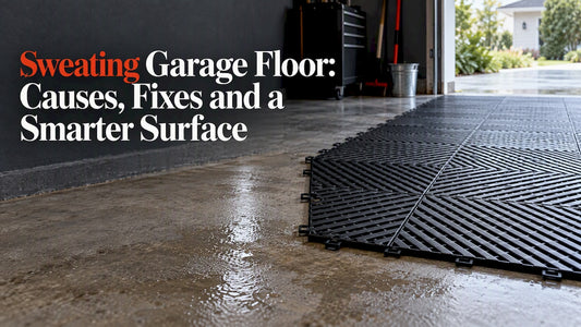Moist garage concrete beside modular flooring
