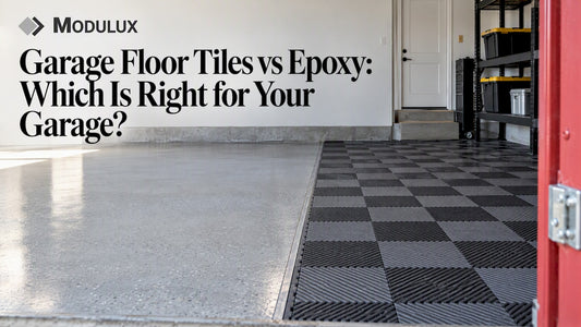 Garage floor tiles beside seamless epoxy