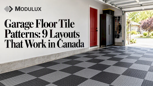 Two-colour tile pattern across a garage floor