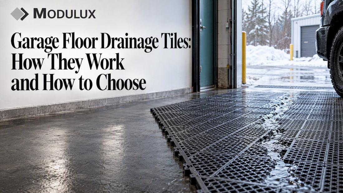 Open-grid tiles draining water in a garage